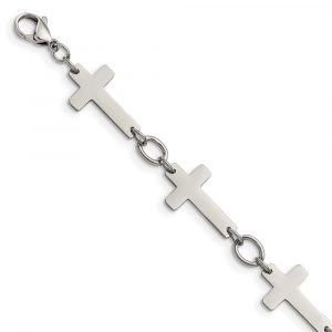 Stainless Steel Polished Sideways Cross 8-inch Bracelet