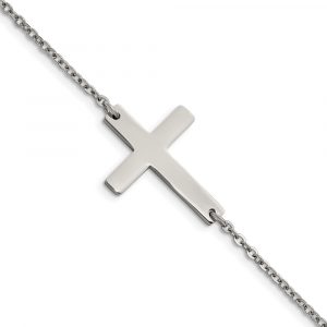 Stainless Steel Polished Sideways Cross 7.25-inch Bracelet