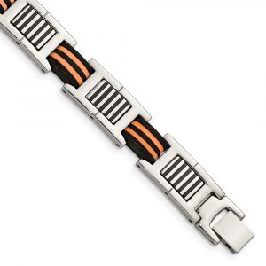 Stainless Steel 8.5-inch Polished with Rubber Black and Orange Bracelet