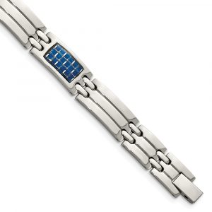 Stainless Steel Polished w/Blue Carbon Fiber Inlay 8.5-inch Bracelet