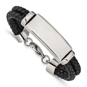 Stainless Steel Polished Black Leather 8.25-inch ID Bracelet