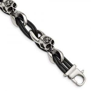 Stainless Steel Antiqued and Polished Skulls/Roses Black Leather Bracelet
