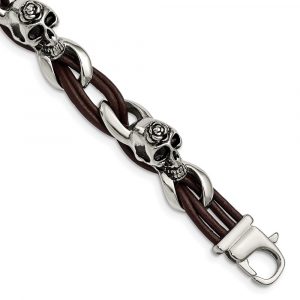 Stainless Steel Antiqued & Polished Skulls/Roses Brown Leather Bracelet