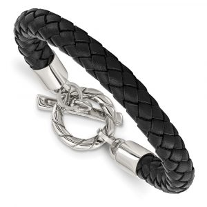 Stainless Steel Polished Black Leather Toggle 8.5-inch Bracelet