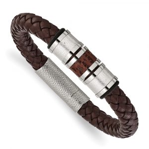 Stainless Steel Polished Brown Leather Black Rubber 8.25-inch Bracelet
