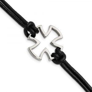 Stainless Steel Antiqued and Polished Cross Black Leather 8.25-inch Bracelet
