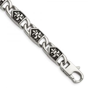 Stainless Steel Antiqued and Polished Fleur de Lis 8.75-inch Bracelet