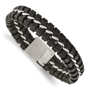 Stainless Steel Brushed and Polished Black Leather 9-inch Bracelet