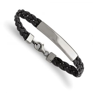 Stainless Steel Polished Black Leather 7.25-inch ID Bracelet