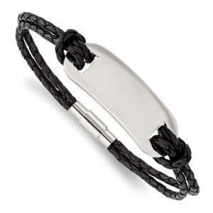 Stainless Steel Polished Black Woven Leather 8.25-inch Bracelet