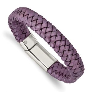 Stainless Steel Polished Metallic Purple Woven Leather 7.5-inch Bracelet