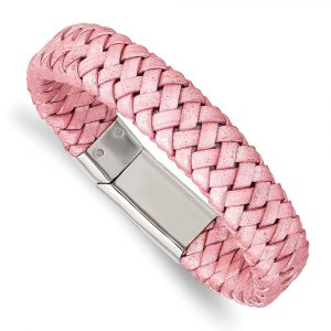 Stainless Steel Polished Metallic Pink Woven Leather 7.5-inch Bracelet