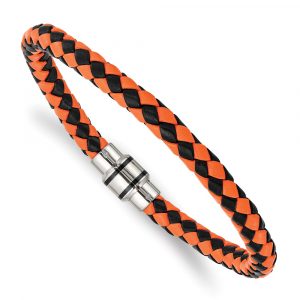 Stainless Steel Polished Black IP Black/Orange Woven Leather Bracelet