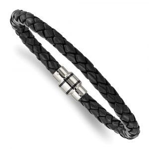 Stainless Steel Polished Black IP-plated Black Woven Leather Bracelet