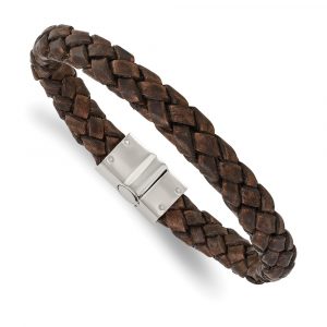 Stainless Steel Polished Brown Woven Leather 8.75-inch Bracelet