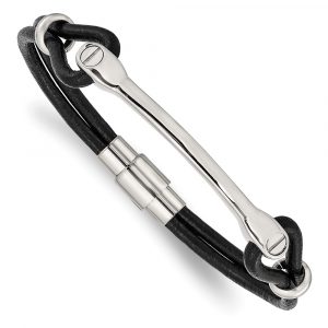 Stainless Steel Polished Black Leather 7.5-inch ID Bracelet