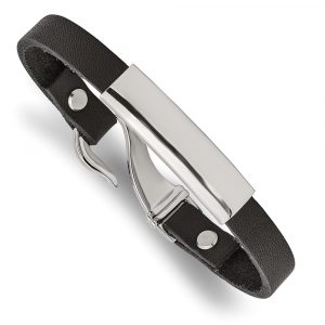 Stainless Steel Polished Black Leather 8.5-inch ID Bracelet