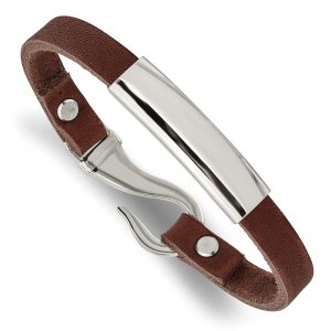 Stainless Steel Polished Brown Leather 8.5-inch ID Bracelet