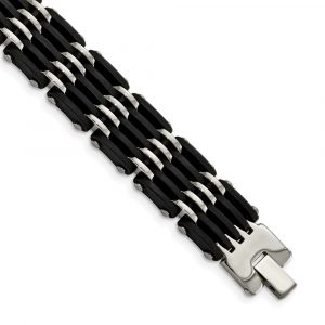 Stainless Steel Polished with Black Rubber 8.25-inch Bracelet