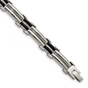 Stainless Steel Polished with Black Rubber Inlay 8-inch Bracelet