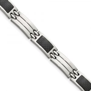 Stainless Steel Brushed & Polished Black Carbon Fiber Inlay 8.5-inch Bracelet
