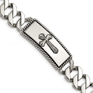 Stainless Steel Antiqued Polished and Textured 8.5-inch Cross Bracelet
