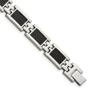 Stainless Steel Polished Black Carbon Fiber Inlay 9-inch Bracelet