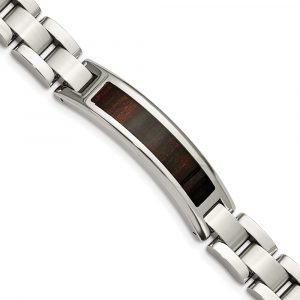 Stainless Steel Polished Enameled Black Koa Wood 8.5-inch Bracelet