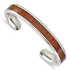 Stainless Steel Polished w/Red/Orange Koa Wood Inlay Bangle