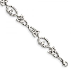 Stainless Steel Polished Claddagh and Trinity Knot 7.75-inch Bracelet