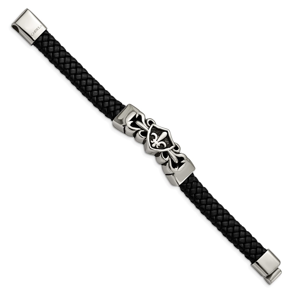 Stainless Steel Antiqued & Polished Fleur de Lis Black Leather Bracelet - Image 3