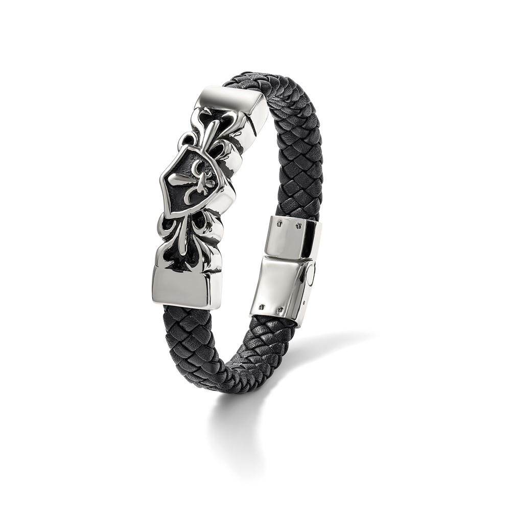 Stainless Steel Antiqued & Polished Fleur de Lis Black Leather Bracelet - Image 6