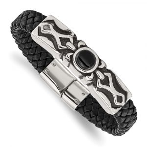 Stainless Steel Antiqued & Polished w/Black Onyx Leather 8.25-inch Bracelet