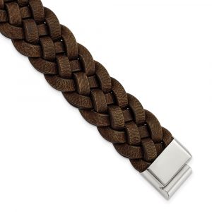 Stainless Steel Polished Woven Brown Leather 8.75-inch Bracelet