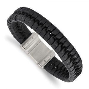 Stainless Steel Brushed Black Leather 8.5-inch Bracelet