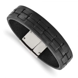 Stainless Steel Polished Black Leather 8-inch Bracelet