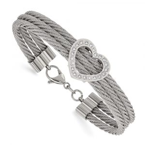 Stainless Steel Polished Heart w/CZ 7.5-inch Bracelet