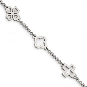 Stainless Steel Polished Cross & Clovers 7.5-inch Bracelet