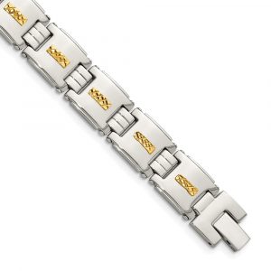 Stainless Steel with Diamond-cut 14k Inlay 8-inch Polished Link Bracelet