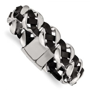 Stainless Steel Polished Leather Braided 8-inch Bracelet