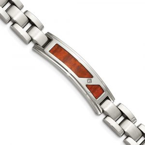 Stainless Steel Brushed and Polished w/Wood Inlay and CZ 8.5-inch Bracelet