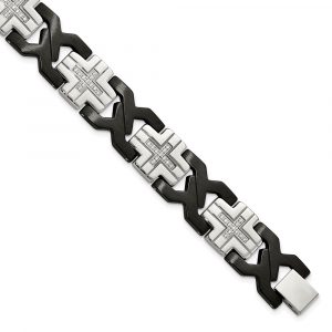 Stainless Steel Brushed and Polished Black IP-plated w/CZ 8.25-inch Bracelet