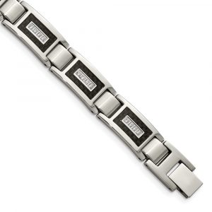 Stainless Steel Brushed & Polished w/CZ Black Carbon Fiber Inlay Bracelet