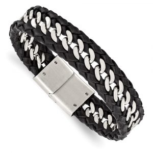 Stainless Steel Brushed Black Leather 8.5-inch Bracelet