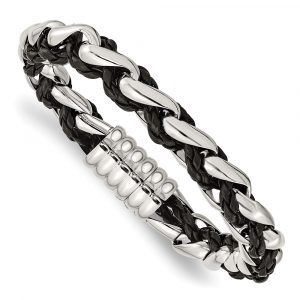 Stainless Steel Polished Black Leather 8-inch Bracelet