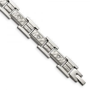 Stainless Steel Brushed Polished and Hammered with CZ 8.5-inch Bracelet