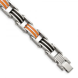 Stainless Steel 8.5-inch Polished with Rubber Black and Orange Bracelet