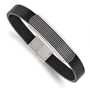 Stainless Steel Polished Enameled Black Leather 8.5-inch Bracelet