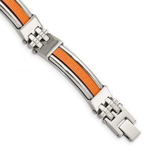 Stainless Steel 9-inch Polished with Orange Rubber Inlay Greek Key Bracelet