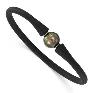 Stainless Steel 10-11mm Black Tahitian Pearl Black Silicone Bracelet